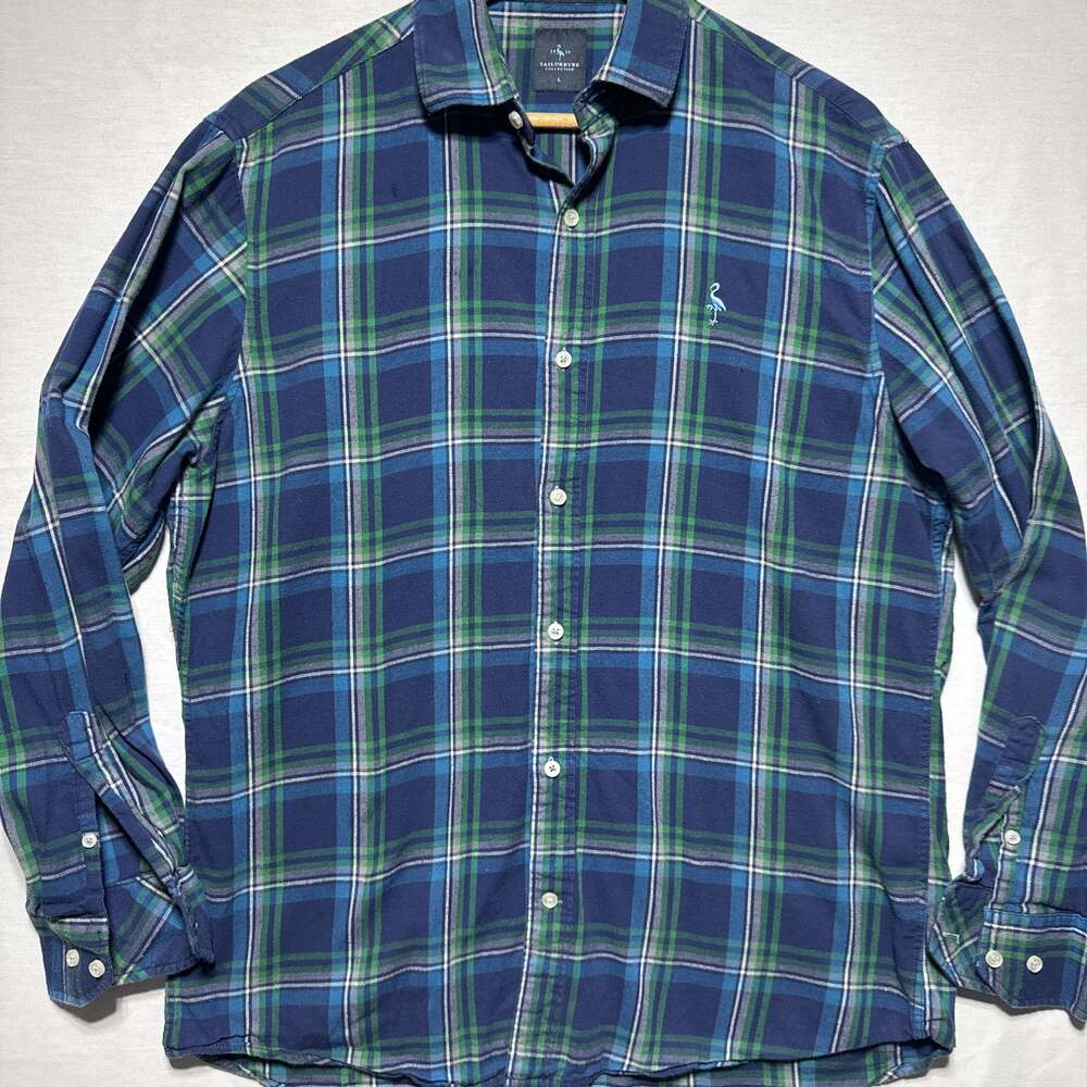 Tailorbyrd Collection Men's Blue Green Plaid Long Sleeve Button-Up Shirt Size L